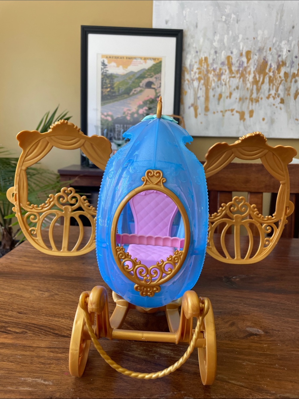 Disney Cinderella Mattel Barbie Blue Gold Princess Toy Carriage 11.5” tall